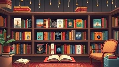 An artistic depiction of a digital library shelf with personalized book recommendations displayed as virtual book covers, surrounded by cozy reading nooks and literary elements, inviting users to explore new reading adventures through the platform.