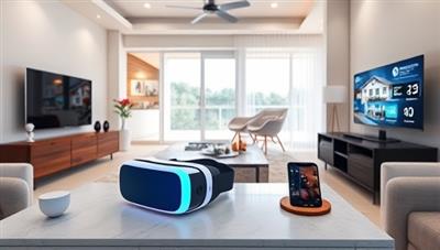 A high-tech living room setup with smart home devices seamlessly integrated, interactive virtual reality headsets on a chic coffee table, and futuristic digital displays showcasing property features, creating a modern and captivating home staging experience.