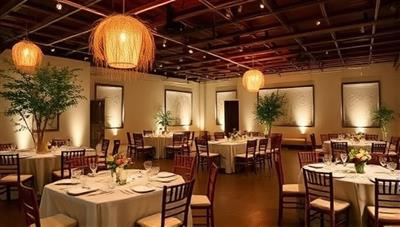 A beautifully decorated event space adorned with sustainable rental items such as bamboo furniture, recycled paper decorations, and energy-efficient lighting, creating an elegant and eco-conscious ambiance for a memorable celebration.