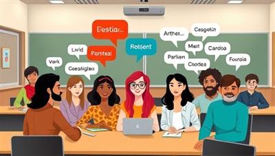 A virtual classroom setting with diverse avatars representing different cultures engaging in a lively language exchange session, with speech bubbles in various languages, conveying a vibrant and inclusive learning environment.