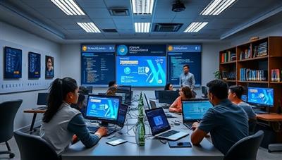 An engaging visual of a virtual coding classroom environment with diverse students collaborating on coding projects, interacting with mentors, and showcasing their programming skills, reflecting the dynamic and inclusive learning atmosphere of CodeWave Bootcamp in the tech education landscape.