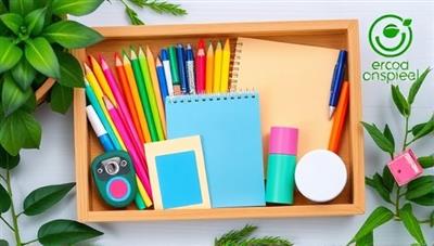 An assortment of colorful, eco-friendly school supplies neatly arranged in a sustainable bamboo tray, surrounded by lush greenery and eco-conscious branding elements, conveying the essence of sustainability in education.