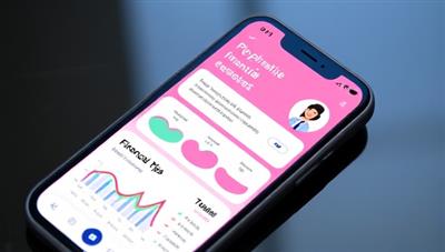 A smartphone screen displaying the FinGenie app interface with colorful graphs, financial tips, and a friendly virtual assistant avatar, creating a modern and engaging user experience.