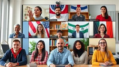A vibrant and diverse virtual classroom setting with people from different cultures engaging in language exchange activities via video calls, showcasing a dynamic and inclusive learning environment.
