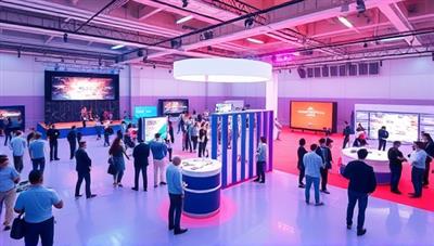 An artistic rendering of a virtual event space with digital avatars representing attendees interacting with virtual event elements, such as stages, booths, and networking areas, showcasing the versatility and creativity of EventVirtuoso's services.