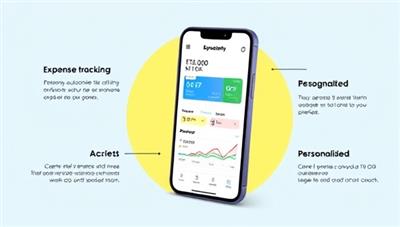 An illustrative design of a smartphone screen displaying the ExpenseWise AI app interface, showcasing automated expense tracking features, colorful graphs depicting spending patterns, and personalized budget suggestions, illustrating convenience and financial insights.