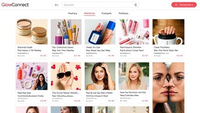 An interactive beauty community marketplace interface displaying a variety of beauty products, services, and community discussions, showcasing the vibrant and engaging nature of GlowConnect Market as a hub for beauty enthusiasts and professionals.