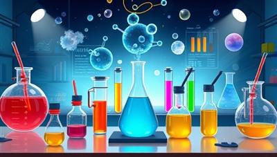 A dynamic digital illustration of a virtual science lab setup with bubbling beakers, colorful test tubes, and interactive experiment stations, inviting users to explore and engage in hands-on science activities from their home environment, fostering curiosity and learning.