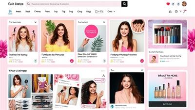 An interactive beauty social network interface showcasing vibrant community feeds, trending beauty posts, and virtual beauty challenges, illustrating a dynamic and engaging platform for beauty lovers to connect and share their passion for beauty.