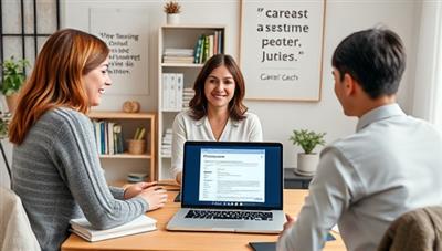 A professional home office setup showcasing a career coach conducting a virtual coaching session with a client, surrounded by career development books, a laptop displaying a resume template, and motivational quotes, creating a focused and supportive environment for career guidance and empowerment.