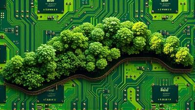 An artistic depiction of a circuit board morphing into a lush green landscape, symbolizing the transformation of e-waste into sustainable and environmentally friendly tech solutions, with a tagline 
