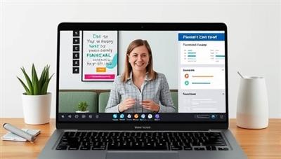 An online coaching session interface featuring a virtual financial coach providing guidance and advice on a laptop screen, with motivational quotes, financial goals, and progress trackers displayed in the background, creating a supportive and empowering atmosphere for clients seeking financial wellness with WealthWell Coach.