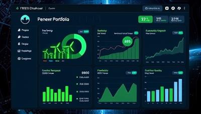 A futuristic visual representation of a digital dashboard displaying a personalized sustainable investment portfolio, with green energy icons, sustainability metrics, and financial performance charts, symbolizing the blend of finance and environmental impact in sustainable investing.