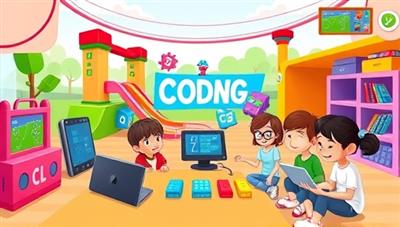 A colorful virtual coding playground with animated characters, coding blocks, and a group of enthusiastic kids collaborating on a coding project, illustrating a vibrant and engaging coding learning environment for young learners.