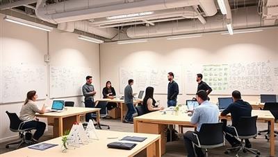 A modern tech incubator space with open workstations, whiteboards filled with ideas, and a diverse group of entrepreneurs and mentors engaged in discussions and collaboration, symbolizing innovation and creativity in agricultural technology at GrowTech Labs.