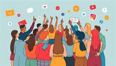 An artistic representation of a diverse group of micro-influencers sharing and promoting each other's content on various social media platforms, symbolizing the collaborative and supportive environment fostered by MicroMingle Exchange's ad exchange platform.