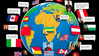 An interactive virtual globe showcasing different flags representing languages, with diverse avatars engaging in language exchange conversations through video calls and chat bubbles, illustrating a vibrant and inclusive language learning community.