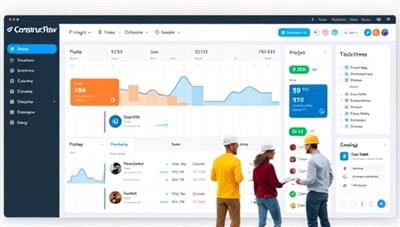 An interactive dashboard of the ConstructFlow platform displaying project timelines, task assignments, budget tracking, and communication tools, with construction team members collaborating in real-time, showcasing a seamless and organized project management experience.