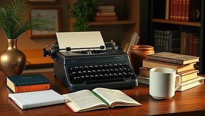 An atmospheric writing space featuring a cozy home office with a vintage typewriter, a stack of inspirational books, a journal, and a steaming cup of tea, creating a serene and motivational environment for creative writing workshops offered by WriteWonders.