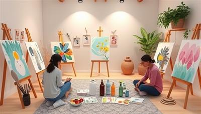 An art therapy studio setting with virtual art supplies, canvases, and soothing colors, where avatars of participants engage in expressive painting, drawing, and journaling activities, promoting emotional healing and self-discovery through creative art practices in a nurturing virtual environment.
