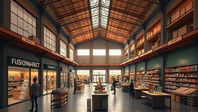 An artistic representation of the FusionMarket Warehouse interior, featuring a dynamic marketplace layout with retail storefronts, artisanal displays, and communal work areas, bustling with activity from shoppers browsing unique products and tenants interacting in a collaborative workspace, illustrating the concept of a mixed-use hub for retail, storage, and creativity.