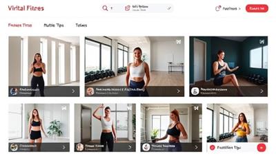 A digital platform interface showcasing a variety of virtual fitness classes, with trainers leading workouts, nutrition tips, and progress tracking features, highlighting the convenience and effectiveness of FitVision Virtual for users.