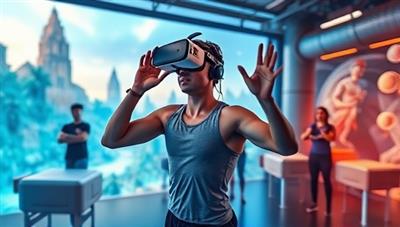 A dynamic image showcasing a user immersed in a virtual reality fitness class, surrounded by futuristic digital landscapes and engaging workout challenges, capturing the essence of VRFitZone's innovative approach to fitness and technology.