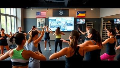 An energetic virtual fitness class setting with participants from different countries following along with a dynamic workout routine led by a renowned fitness trainer, capturing the spirit of global connectivity and wellness at FitFest Global.
