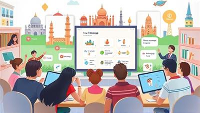 A dynamic digital illustration of a virtual language lesson in progress, featuring diverse students engaging in interactive language exercises with animated language characters and cultural landmarks in the background.