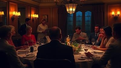 An immersive dining setting with elegantly dressed guests engaged in solving a mystery, with actors in character interacting with the diners, creating an atmosphere of intrigue and excitement.