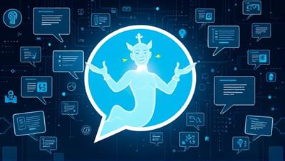 An artistic representation of a magical genie emerging from a chat bubble, surrounded by various chatbot interfaces and AI symbols, symbolizing the transformative and personalized chatbot solutions offered by Chatbot Genie to businesses seeking automation and engagement.
