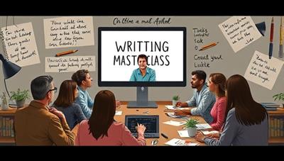 An artistic depiction of a virtual writing masterclass session, with a diverse group of participants engaged in a live webinar with a renowned author, surrounded by digital notepads, writing tools, and inspirational quotes, fostering a collaborative and educational writing environment.