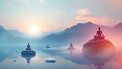 An ethereal digital landscape featuring serene imagery of nature, calming colors, yoga poses, and meditation symbols floating in a virtual space, evoking relaxation and inner peace.