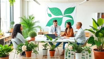 An office setting with a team of consultants discussing eco-friendly strategies with a client, surrounded by green plants, recyclable materials, and energy-efficient gadgets, symbolizing a commitment to sustainability.
