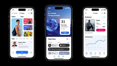 A sleek mobile app interface showing a user interacting with an AI-powered fitness planner, with workout videos, nutrition suggestions, and progress tracking features, creating a futuristic and personalized fitness experience.