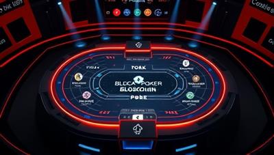 A futuristic poker table interface on a digital screen, displaying blockchain encryption symbols and transparent gameplay mechanics, illustrating the secure and decentralized nature of BlockPoker Arena for poker enthusiasts to enjoy fair and rewarding online tournaments.