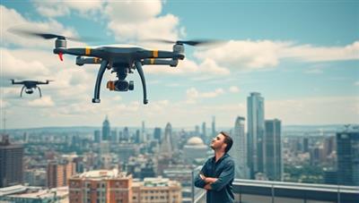 An aerial view of a cityscape with a drone flying overhead, delivering a package of food to a rooftop terrace where a customer eagerly awaits, showcasing the futuristic and eco-friendly concept of drone food delivery by EcoDrone Eats.