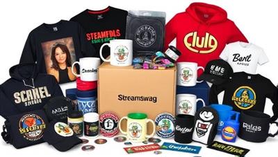 An assortment of branded merchandise items such as apparel, mugs, stickers, and accessories featuring unique designs and logos from popular streamers, displayed in a stylish and eye-catching arrangement, showcasing the variety and quality of products offered in StreamSwag Box's subscription service.