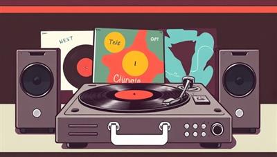 A stylized digital illustration of a vintage vinyl record player with a spinning record, colorful album covers displayed in the background, and soundwaves emanating from the speakers, capturing the nostalgic charm and musical essence of GrooveGrams' online vinyl store.