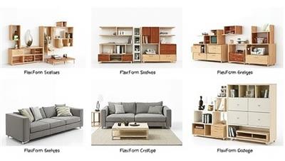 An assortment of modular furniture pieces from FlexiForm Creations, including interchangeable shelves, modular seating arrangements, and multifunctional storage units, displayed in a contemporary living room setting with clean lines and modern decor, showcasing the modular and versatile nature of the designs.
