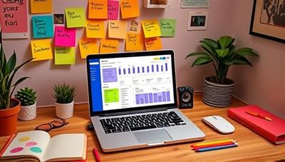 A vibrant and dynamic workspace setup for a freelancer, featuring a laptop with the SoloSavvy Finances platform, colorful sticky notes with financial goals, and a cozy corner for creative inspiration, showcasing the practicality and creativity of managing finances with SoloSavvy.