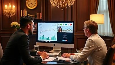 An elegant and professional setting with a financial planner consulting with clients over a virtual meeting, reviewing investment portfolios and retirement plans on a computer screen, symbolizing the personalized and expert financial advice offered by MoneyMentor Pro's subscription-based service.