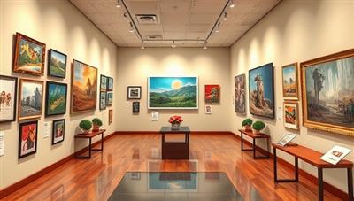 An artistic digital rendering of a virtual art gallery with diverse artworks displayed on virtual walls, interactive touchpoints for art descriptions, and a virtual guide offering insights into the exhibited pieces, capturing the immersive and cultural experience of ArtVista's virtual art gallery subscriptions.