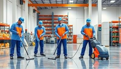 An industrial cleaning team in full gear, using advanced cleaning equipment in a large warehouse space, with sparkling floors and organized shelves in the background, symbolizing efficiency and professionalism in cleaning services.