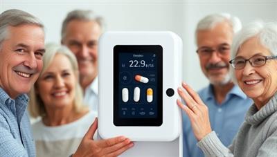 A sleek and modern pill dispenser with a digital display showing medication schedules, surrounded by smiling elderly individuals and caregivers, symbolizing ease and reliability in medication management.
