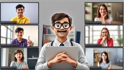 An image of a virtual language tutor avatar interacting with a diverse group of students on different screens, displaying a dynamic and engaging language learning environment.