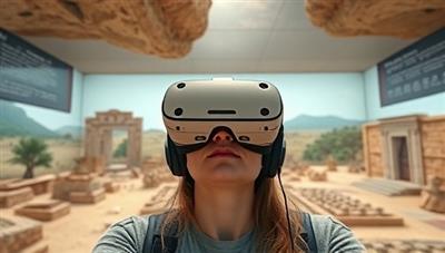 An immersive VR scene where a user wearing a headset is transported to an ancient archaeological site, surrounded by digital artifacts and historical landscapes, with interactive elements highlighting key historical facts, providing a glimpse of the captivating TimeWarp Tours experience.