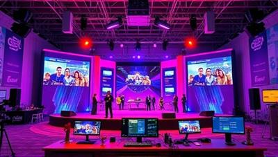 A vibrant virtual event setup with a stage, screens displaying attendees, and interactive chat features, surrounded by event banners, decorations, and a tech control panel, creating an immersive and dynamic event atmosphere.