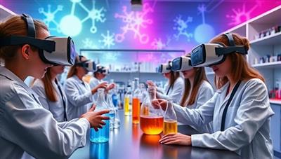An immersive virtual science lab environment with students wearing VR headsets, conducting experiments and observing reactions in a visually stunning and educational setting that sparks curiosity and engagement.