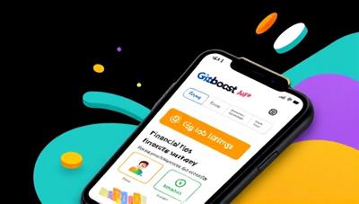 A colorful and dynamic mobile screen showcasing the GigBoost App interface with features like budget tracking, gig job listings, and financial tips tailored for gig economy workers, illustrating the app's practical and user-centric approach to enhancing financial wellness in the gig economy.